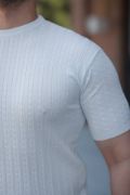 Erkek Bisiklet Yaka örgü Desenli Kısa örme Triko Kısa Kollu T-shirt resmi